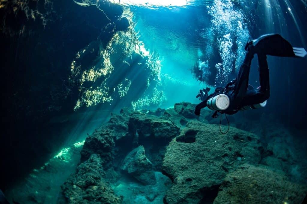 cave divers in the angelita cenote