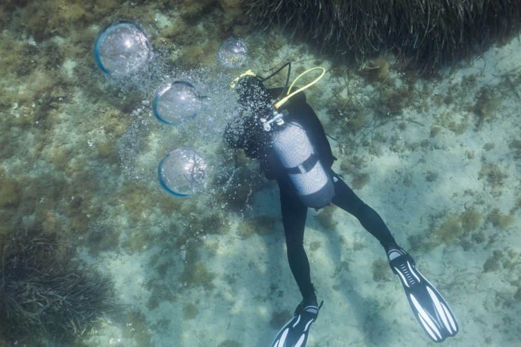 diver blowing bubbles on the ocean floor